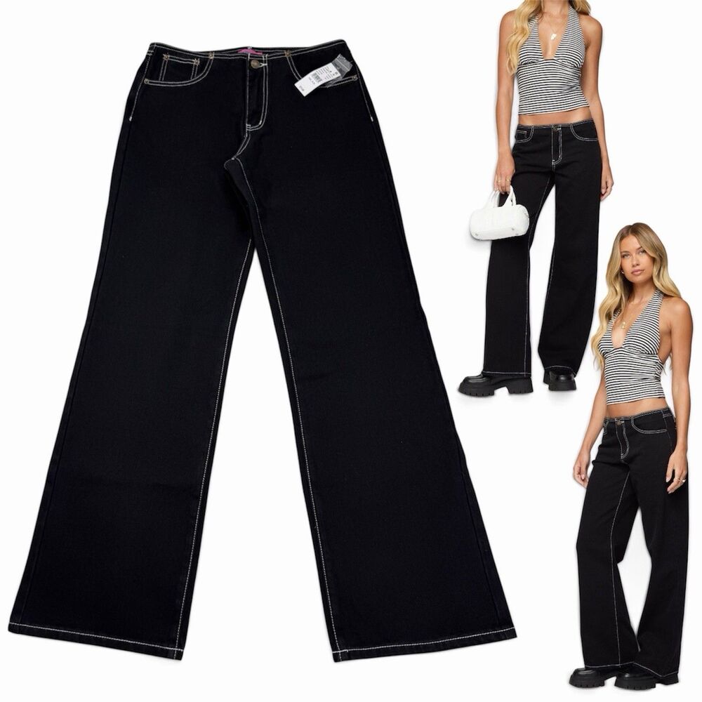 Edikted Contrast Stitch Low Rise Wide Leg Jeans Sz SMALL Black 90s Y2K Festival